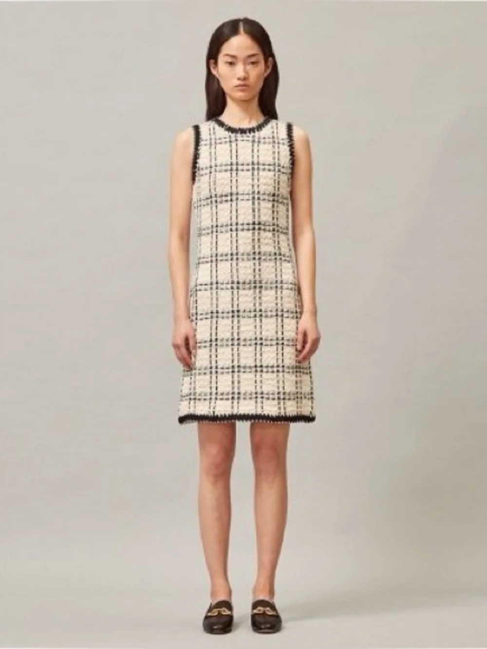 NWT $598 Tory Burch Sleeveless Tweed Shift Dress in Ivory and Black